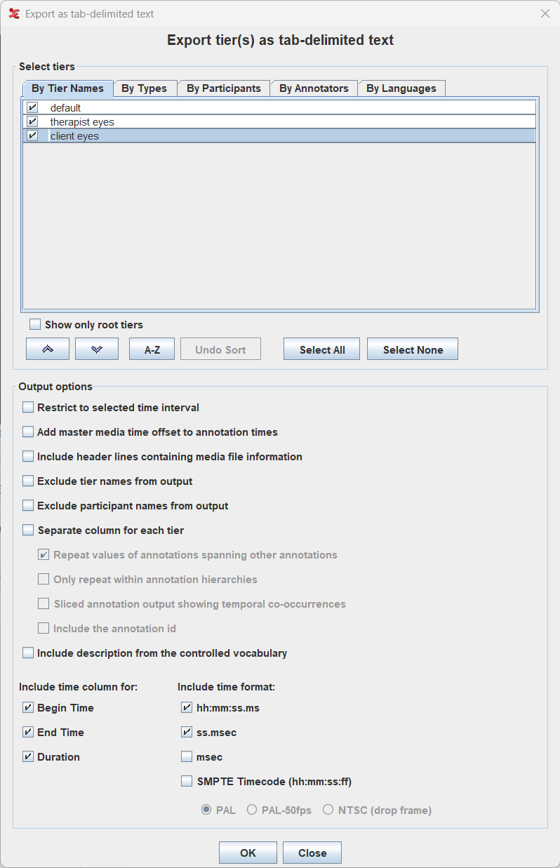 ELAN export dialog